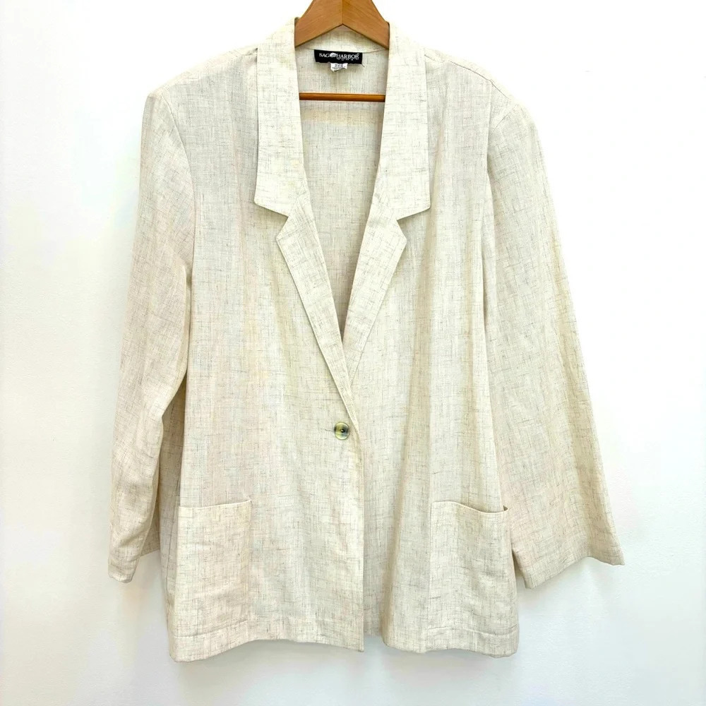 Vintage Sag Harbor Woman Natural Beige Linen Blend One Button Blazer Plus 24W